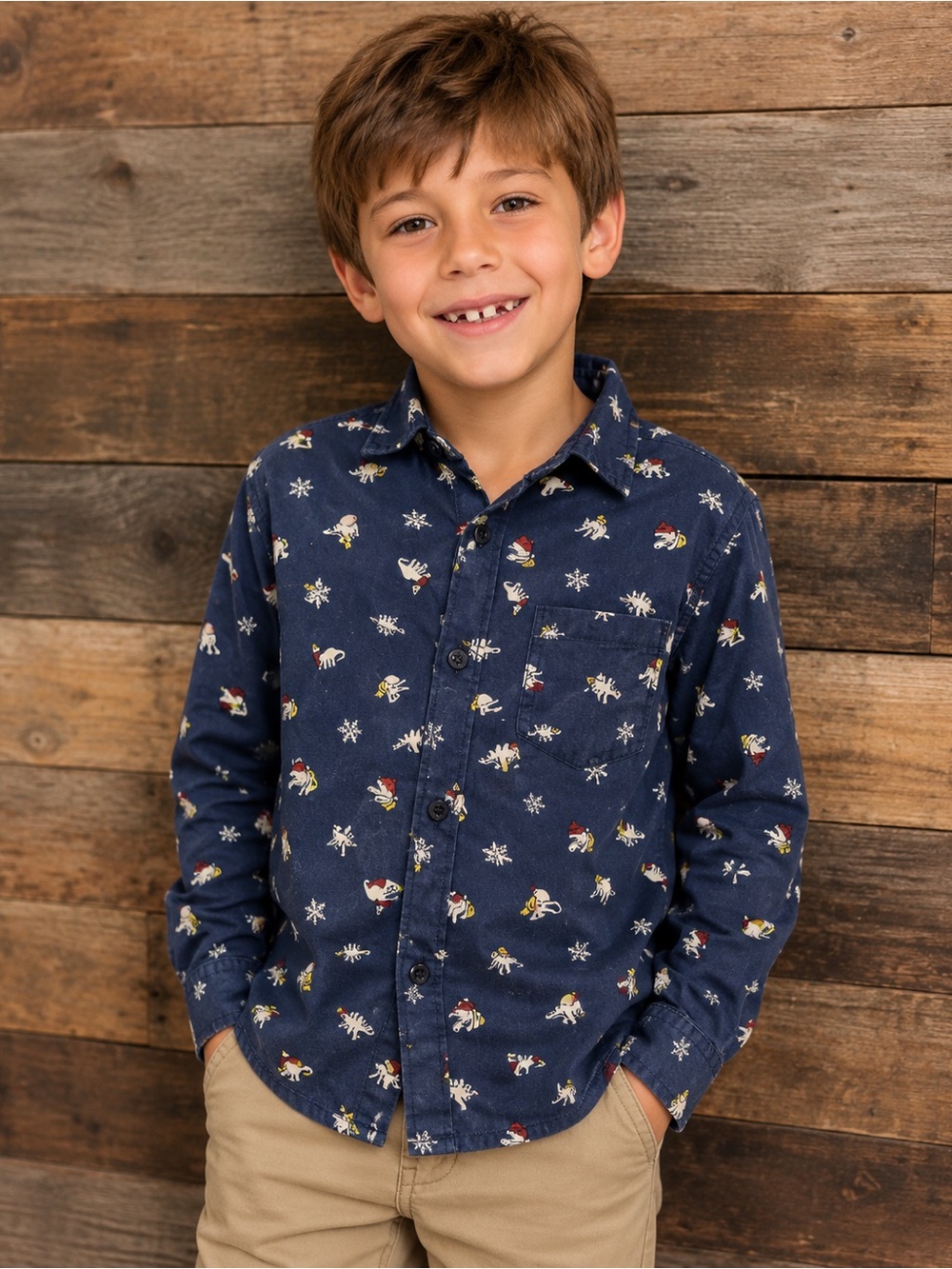365 Kids Garanimals Boys Size 8 Christmas Dino Flannel Button Up Shirt Navy